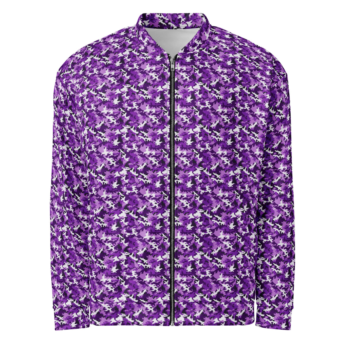Purple Camo fleece jacket in a relaxed unisex fit, front view