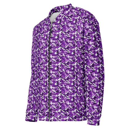 Side view of a unisex purple camo fleece jacket showing the camouflage pattern