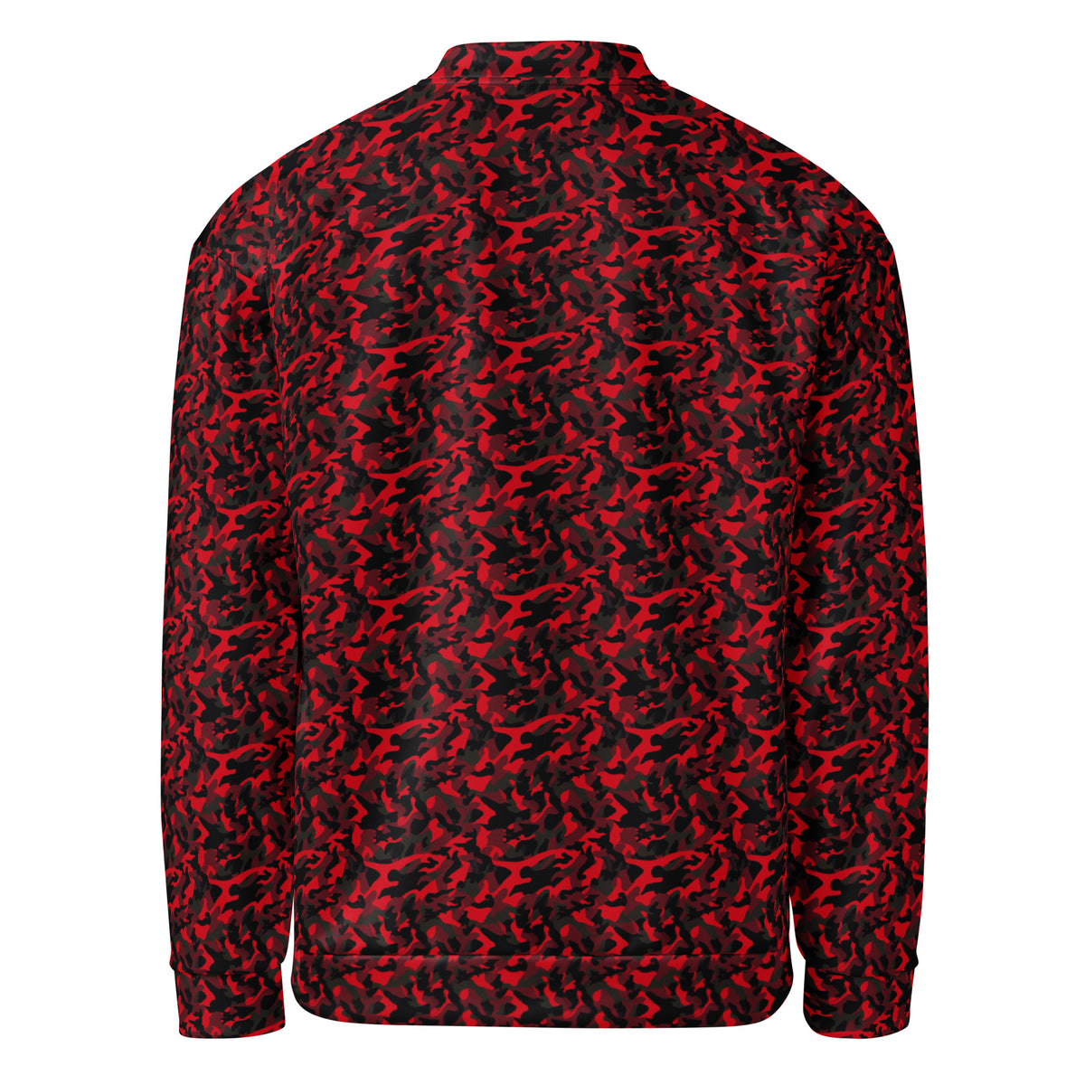 Unisex red camouflage fleece jacket, back view showing the full camo pattern