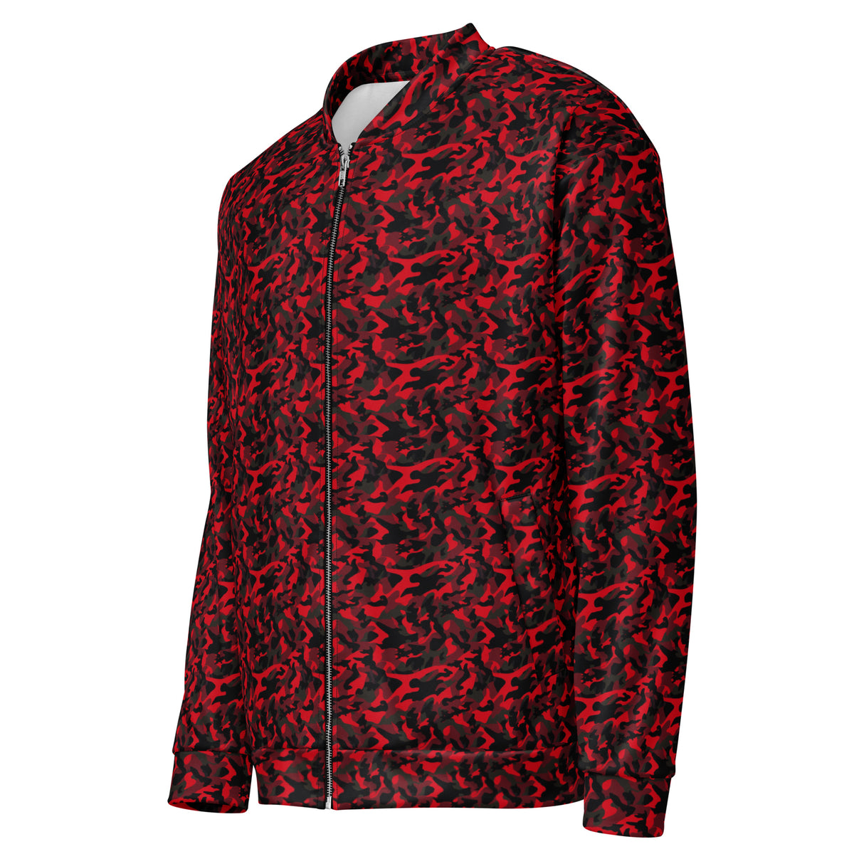 Side view of a unisex red camo fleece jacket showing the camouflage pattern