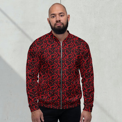 Model wearing a relaxed unisex red camouflage fleece jacket with a streetwear outfit