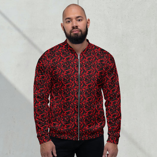 Model wearing a relaxed unisex red camouflage fleece jacket with a streetwear outfit