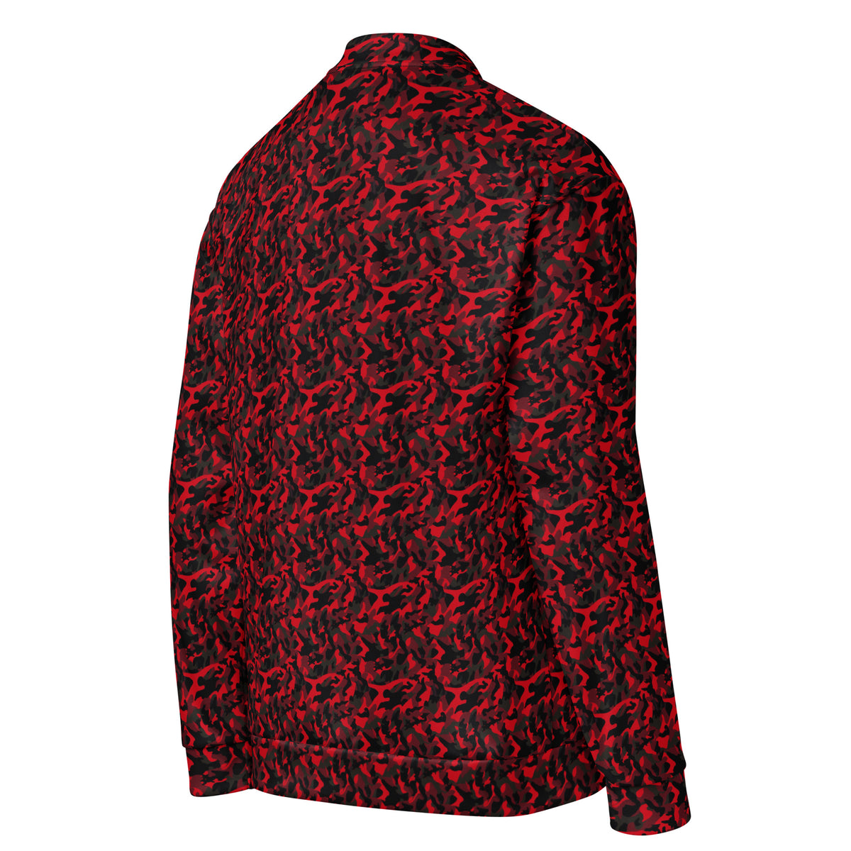 Right side view of a red camouflage fleece jacket with a relaxed fit