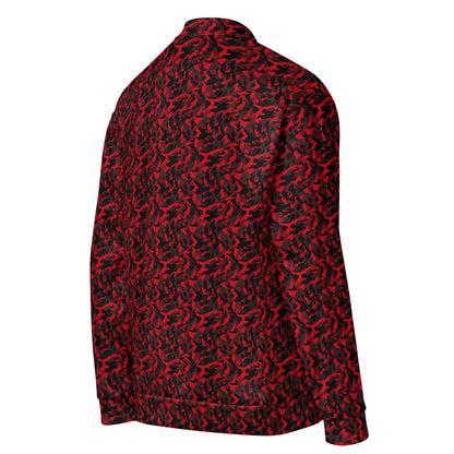 Right side view of a red camouflage fleece jacket with a relaxed fit