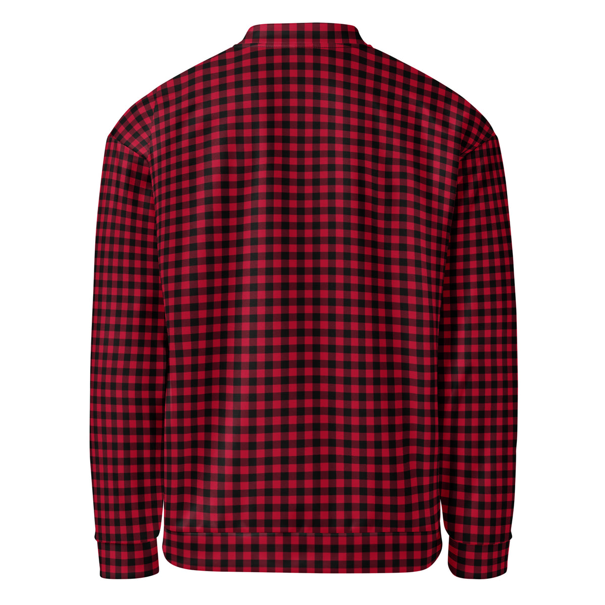 Back view of the red gingham jacket showing the pattern across the back