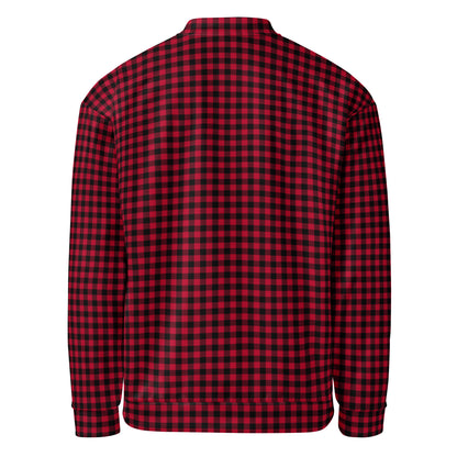 Back view of the red gingham jacket showing the pattern across the back