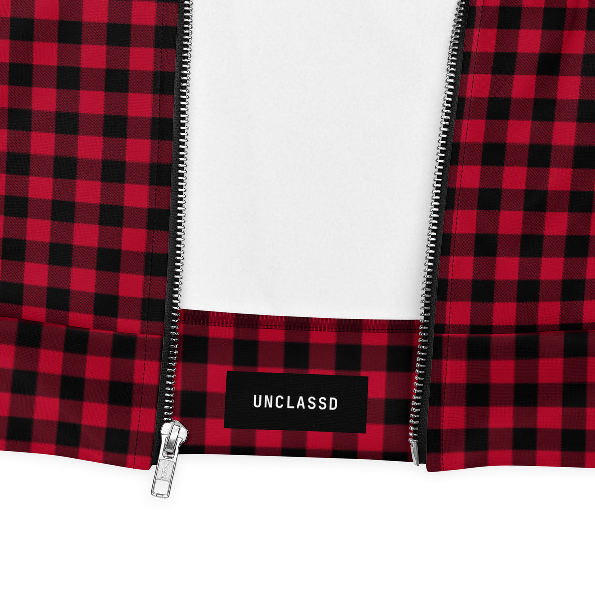 Close-up of the red gingham check pattern on the jacket