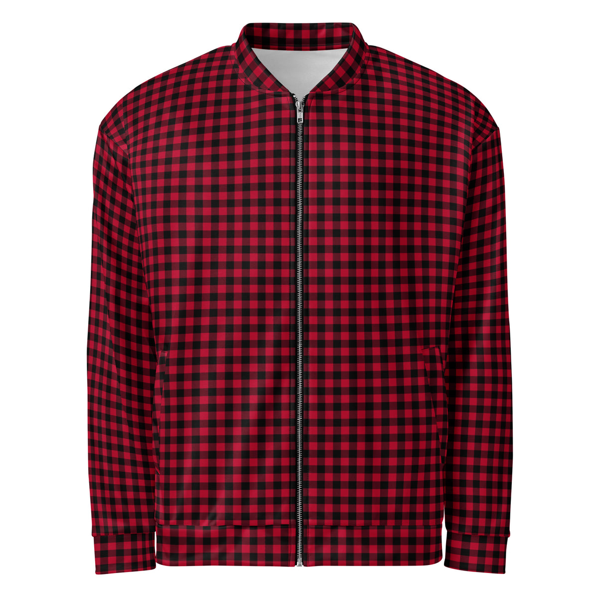 Front view of the unisex red gingham jacket showing its check pattern