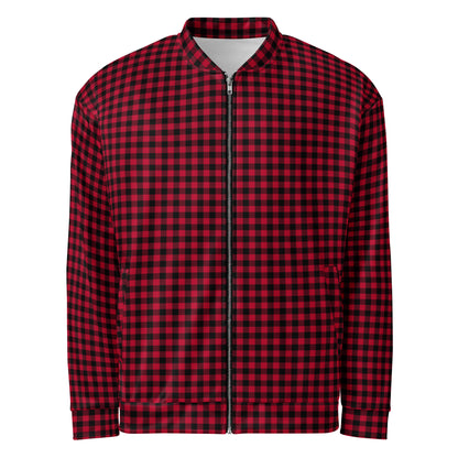 Front view of the unisex red gingham jacket showing its check pattern
