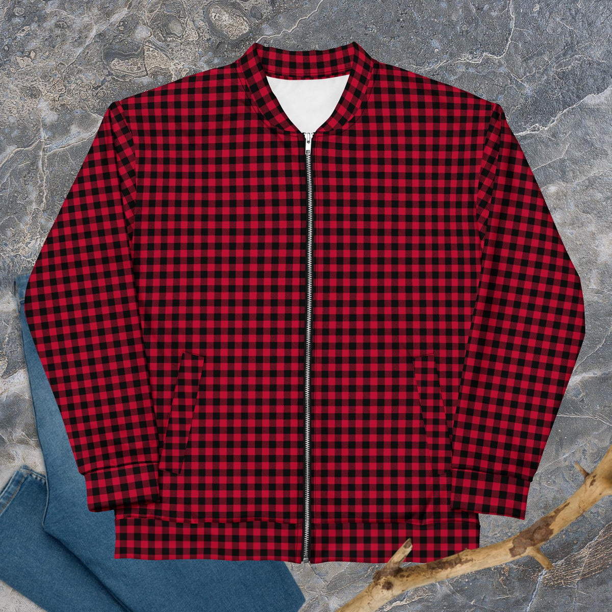 Front view of the unisex red gingham jacket showing its check pattern