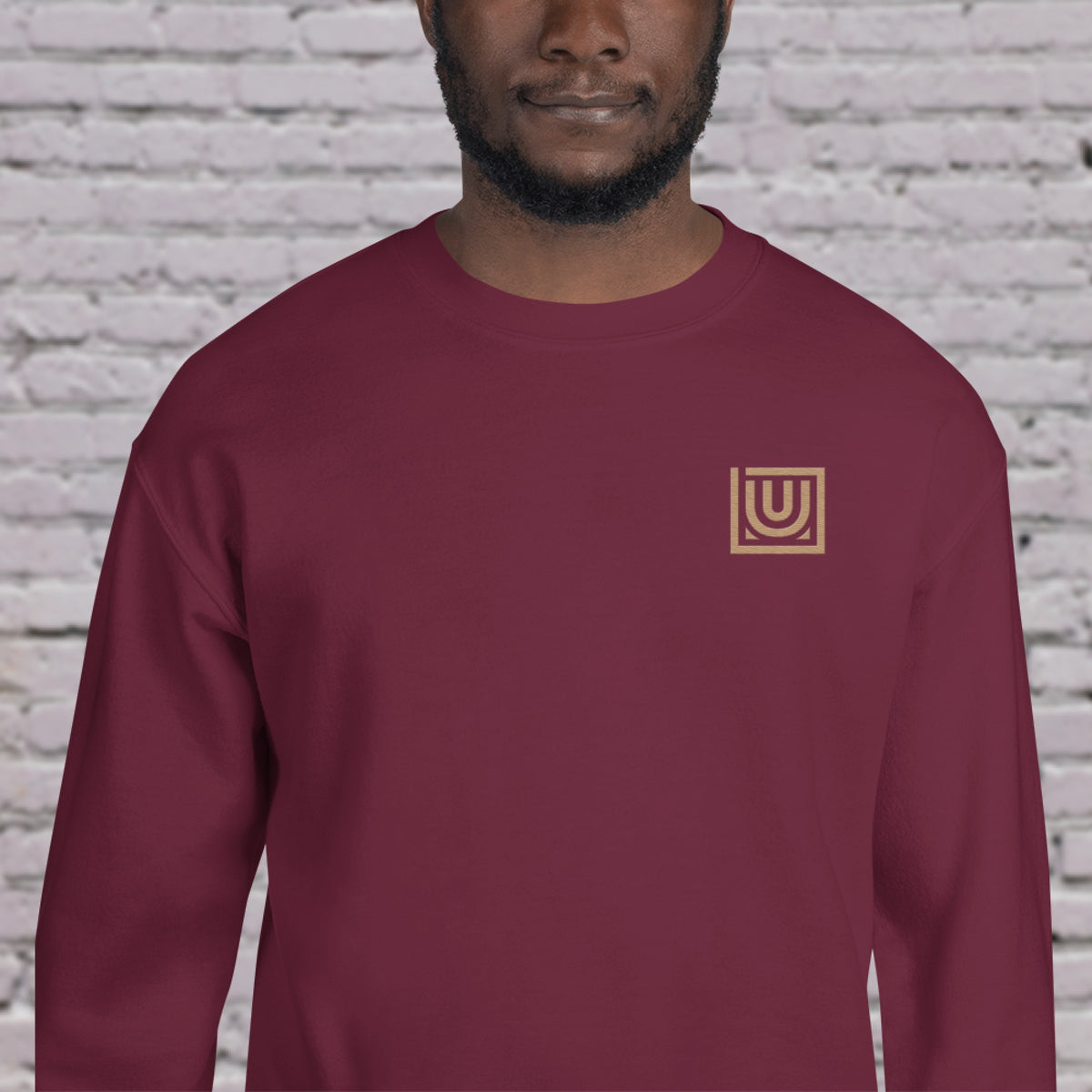 Model wearing CORE Maroon Crewneck for dance or rollerskate practice -  male close up