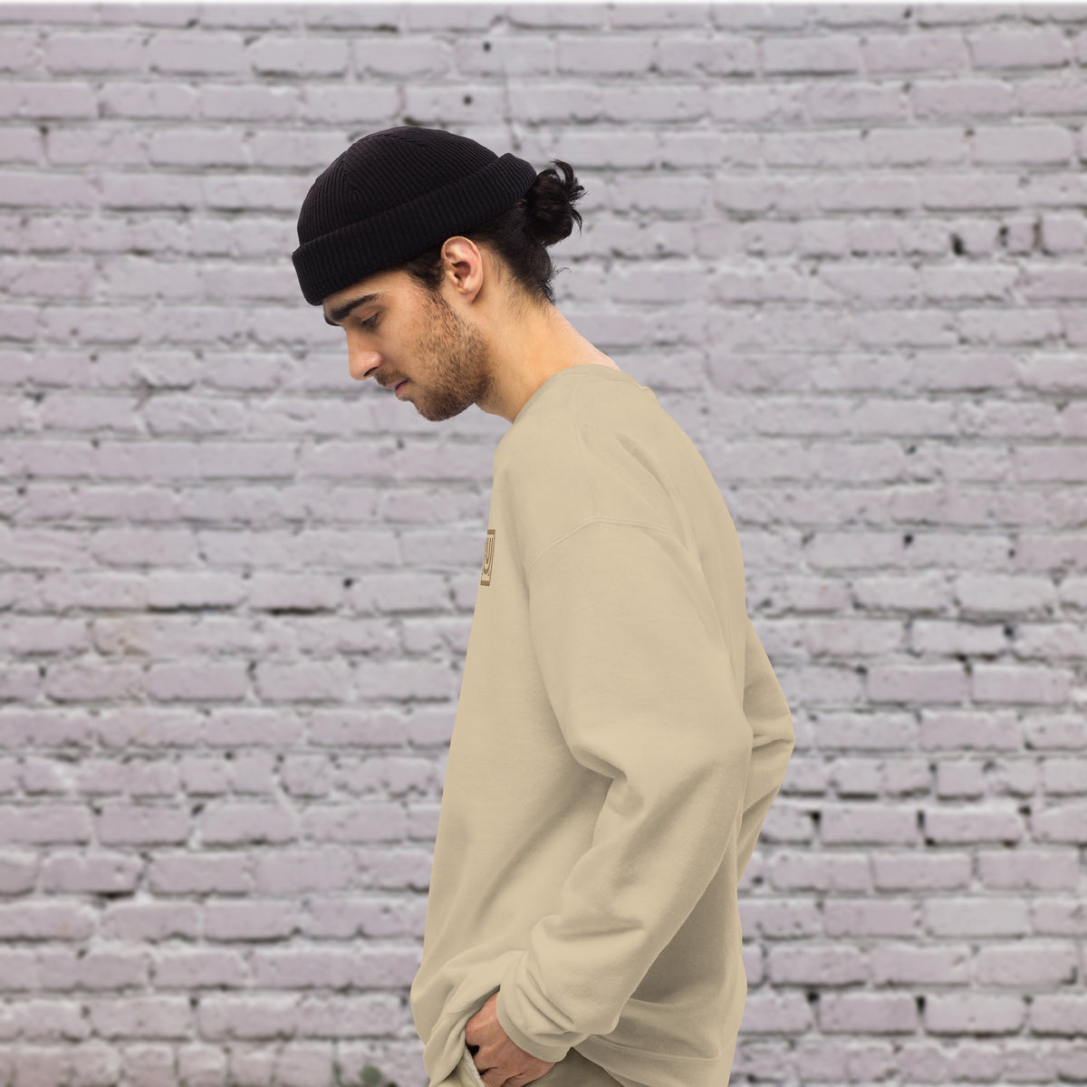 Model wearing CORE Sand Crewneck for dance or flow practice Side
