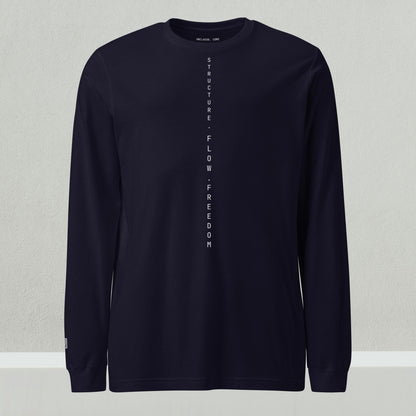 UNCLASSD Navy Long Sleeve for dancers — Structure Flow Freedom vertical print