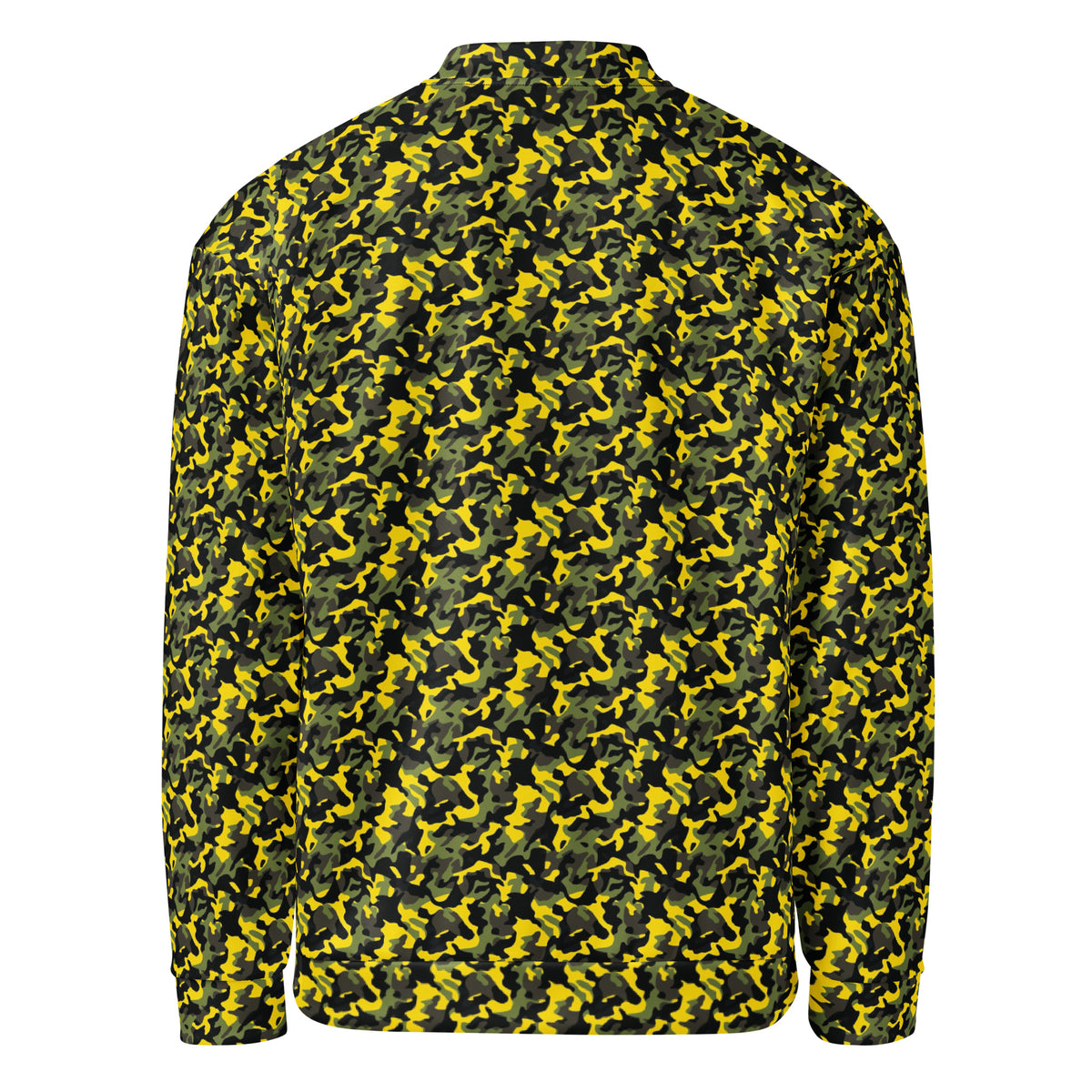 Unisex yellow camouflage fleece jacket, back view showing the full camo pattern