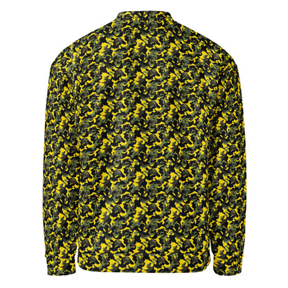 Unisex yellow camouflage fleece jacket, back view showing the full camo pattern