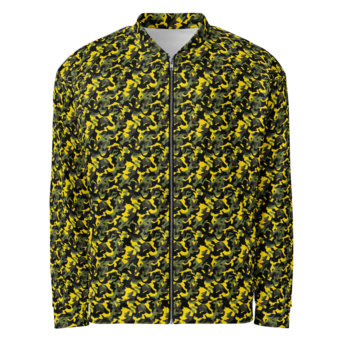 Yellow Camo fleece jacket in a relaxed unisex fit, front view
