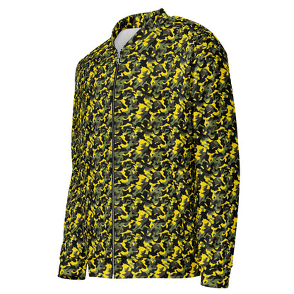 Side view of a unisex  yellow camo fleece jacket showing the camouflage pattern