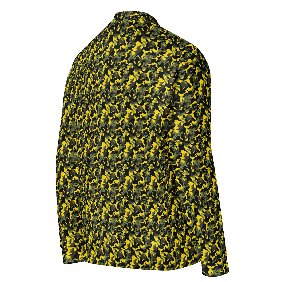 Right side view of a yellow camouflage fleece jacket with a relaxed fit
